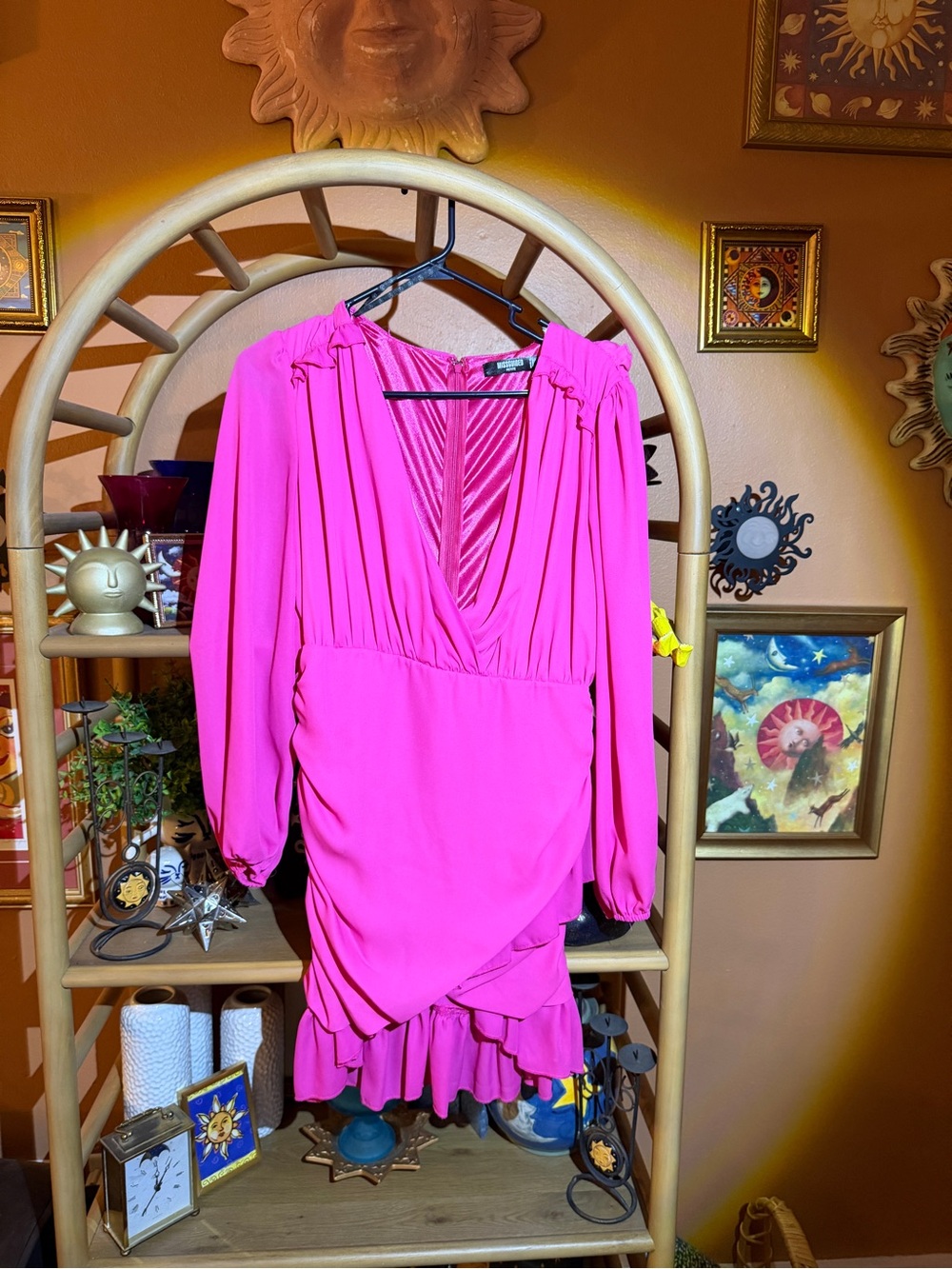 Misguided Hot Pink Long Sleeve V-Neck Ruffle Dress